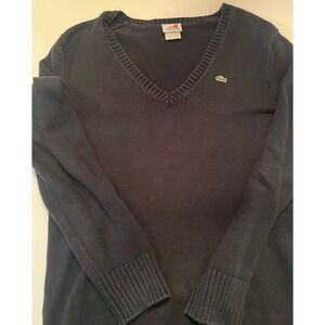 Lacoste Woman's V Neck Long Sleeve Pullover Sweater Navy Size 44 Large Preppy